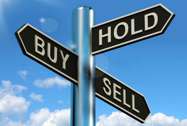 Buy Hold And Sell Signpost Represents Stocks Strategy